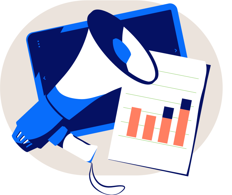 Illustration Megaphon, Tablet und Bild mit Statistik